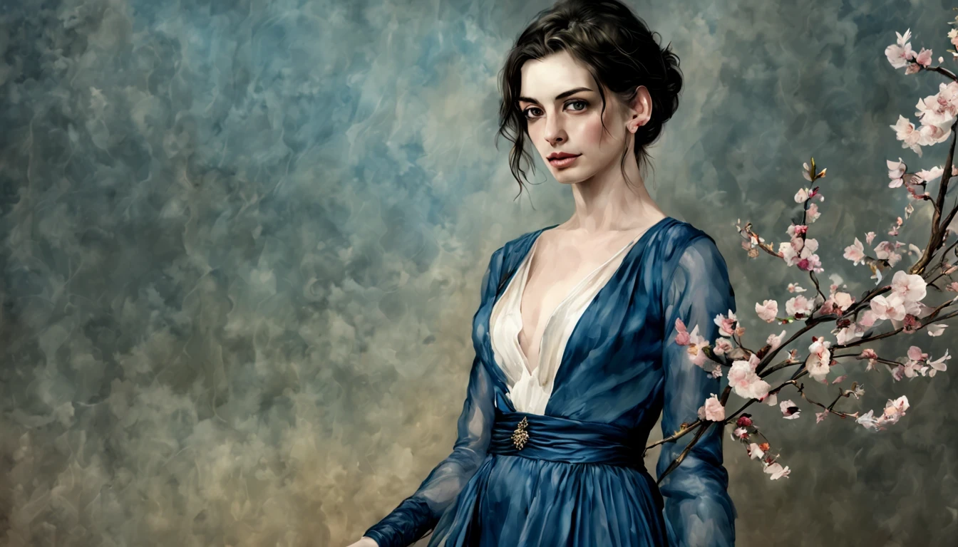 1 girl "Anne Hathaway com vestido branco e azul escuro longo", （Jogo King Card:1.5, simetria rotacional),Stephen Gammell,(cowboy shot), Minimalist compositions, requintada armadura de cristal，Fio Eletroluminescente, magic sparks, enchanted magical fantasy. Peach Blossom Land, heaven, Jogo CG, Hand Painted Style, 8k, Ultra HD |, arte digital conceitual, Azure azul e cinza,(Very detailed, Reasonable design, linhas claras, Alta nitidez, melhor qualidade, master part, 4k ).