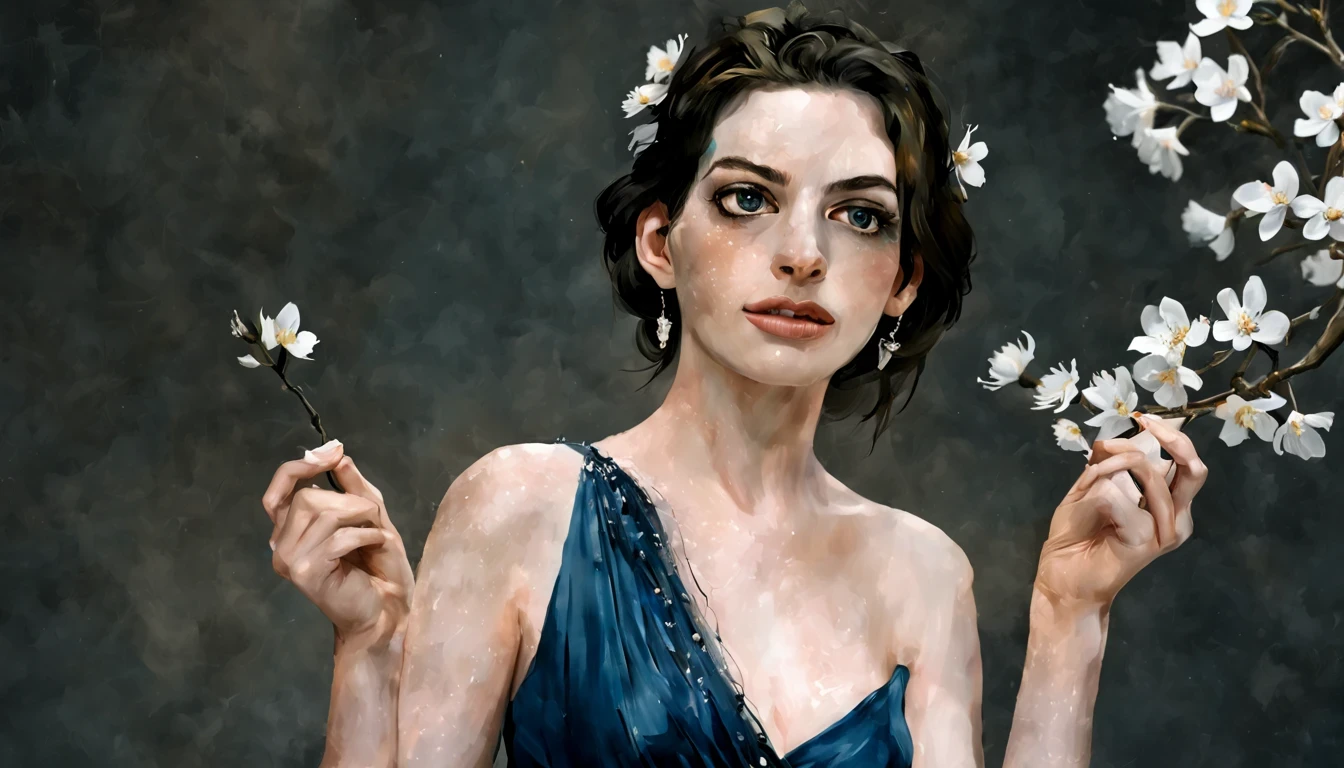 1 girl "Anne Hathaway com vestido branco e azul escuro longo", （Jogo King Card:1.5, simetria rotacional),Stephen Gammell,(cowboy shot), Minimalist compositions, requintada armadura de cristal，Fio Eletroluminescente, magic sparks, enchanted magical fantasy. Peach Blossom Land, heaven, Jogo CG, Hand Painted Style, 8k, Ultra HD |, arte digital conceitual, Azure azul e cinza,(Very detailed, Reasonable design, linhas claras, Alta nitidez, melhor qualidade, master part, 4k ).