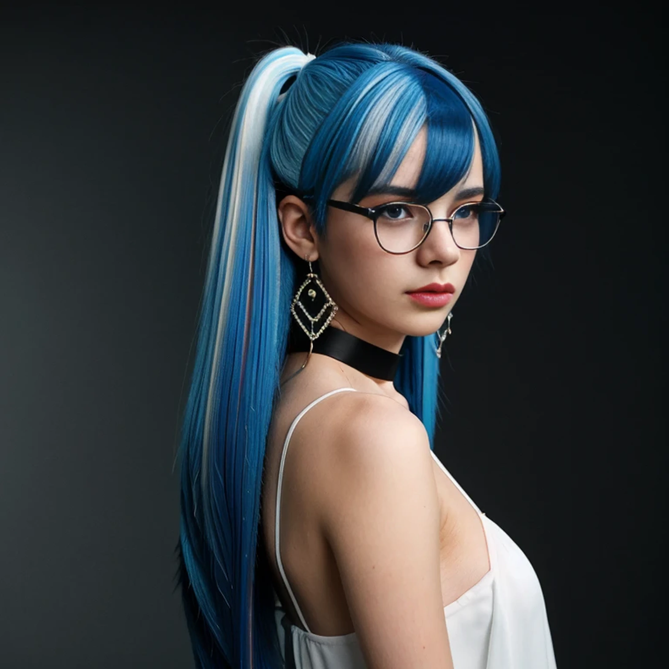 8k wallpaper, masterpiece, movie lighting, best quality, illustration, dramatic angle, ((color: 1.1)), ((color inner hair: 1.4)), 1girl, solo, long hair, water, blue eyes, black glasses, choker, parted lips, white choker, liquid hair, black hair, bangs, from side, side, upper body, simple background, gray background, bare shoulders, portrait, looking at the audience, white dress, hair between eyes, white background, earrings,