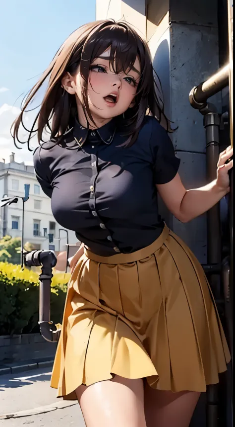 drooping eyes, ecstasy, sleepy face, (((hit her crotch against the pipe))), (((hide crotch with a long skirt))), open legs, orgasm, outside,