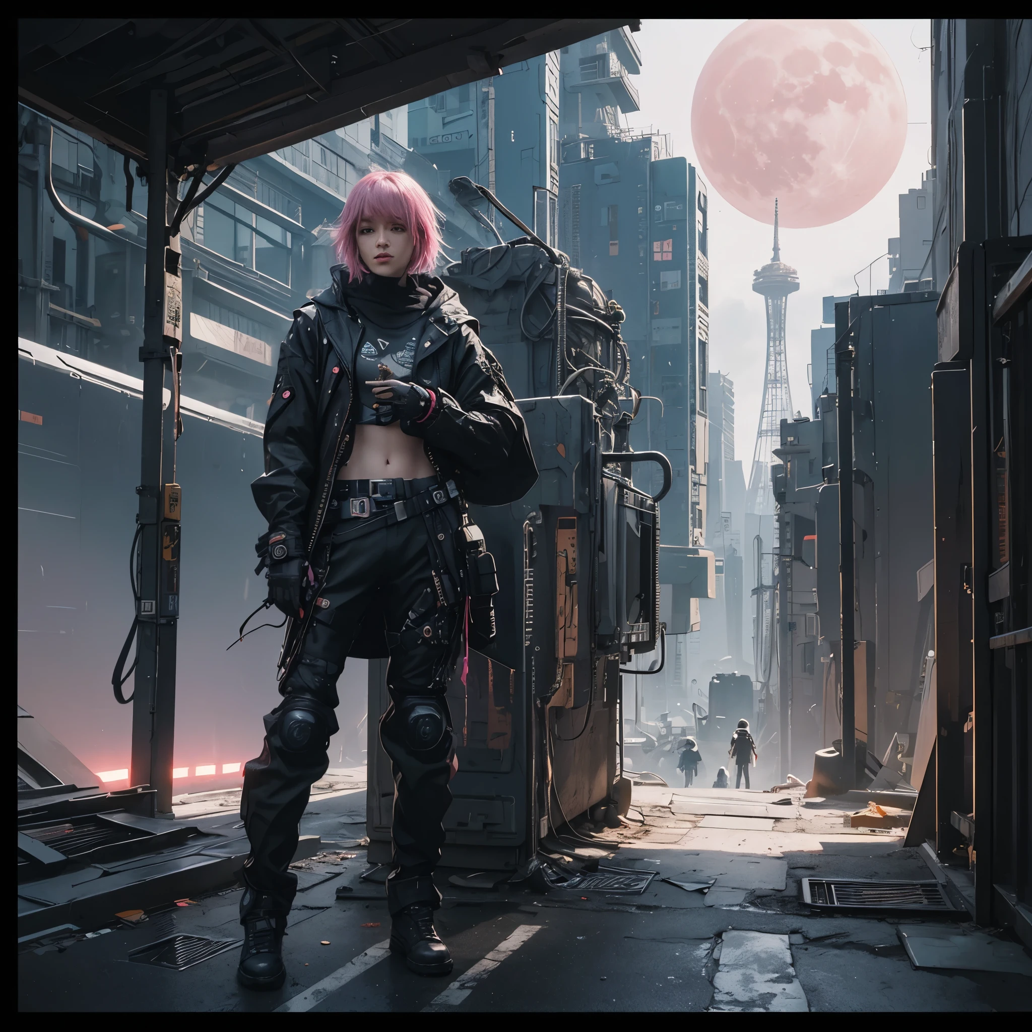 cyberpunk, futuristische Welt, Rosa Mond, zwei Monde,glddrp, Landschaftsaufnahme:1.2,