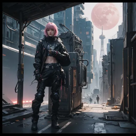 cyberpunk, futuristic world, pink moon, two moons,glddrp, scenery shot:1.2,