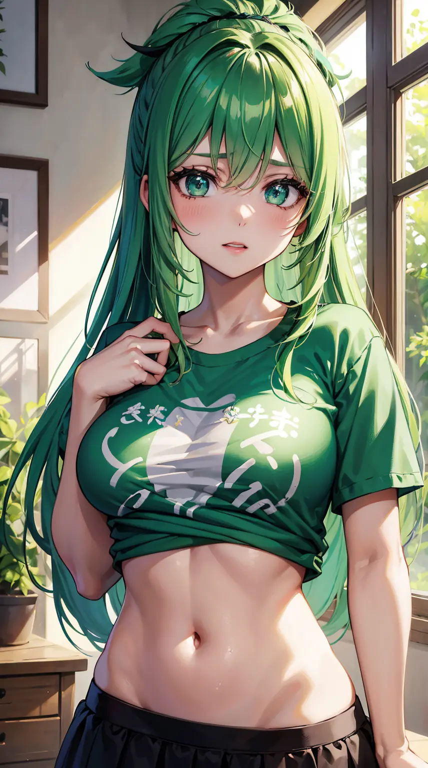 Beautiful girl with green hair, wearing a t-shirt with Syamsu Dais letter written on her chest. HD quality image