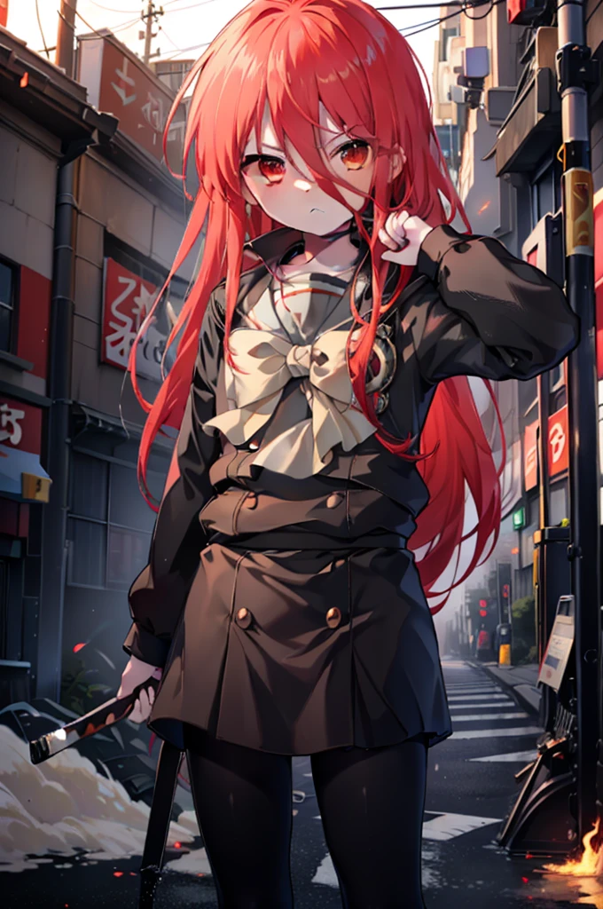 ​masterpiece、top-quality、the Extremely Detailed CG Unity 8K Wallpapers、
1girl in、Shana、red hairs、red eyes、Long-sleeved uniform、arms behind back、Slouched、Black Rider Suit，A Japanese sword wrapped in flames，Grasp the handle with both hands and take a stance，rubble，Streets，Explosive inflammation，serious faces