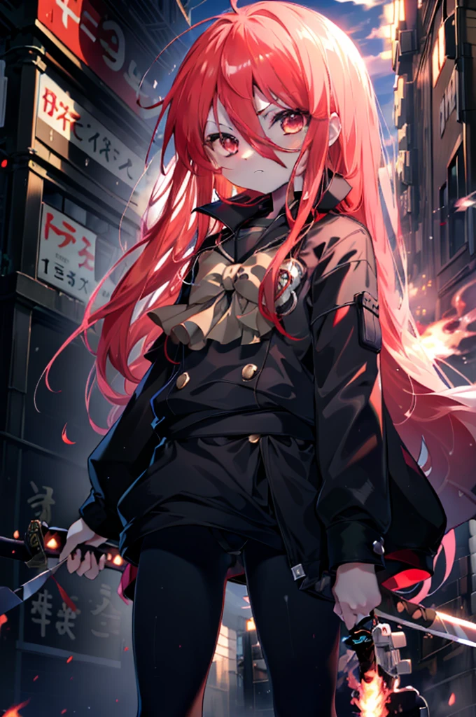 ​masterpiece、top-quality、the Extremely Detailed CG Unity 8K Wallpapers、
1girl in、Shana、red hairs、red eyes、Long-sleeved uniform、arms behind back、Slouched、Black rider suit，Japanese sword wrapped in flames，grip the handle with both hands、Take posture，rubble，street burst inflammation，serious faces