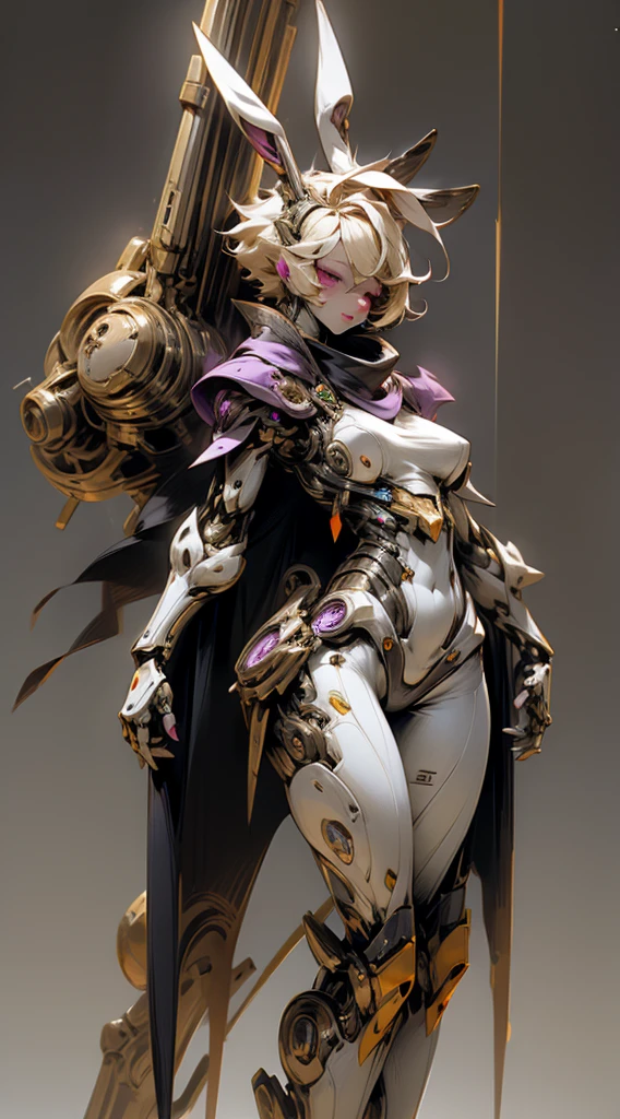 Woman, adult, with blonde hair, With short hair, with purple eyes, With rabbit ears, with white skin, with big breasts, with a mechanical body, with big thighs.