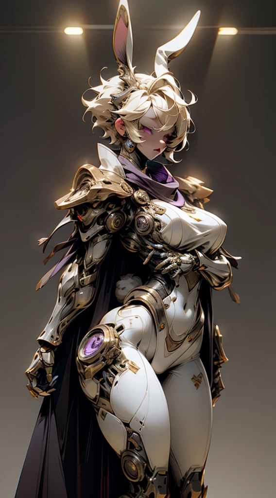 Woman, adult, with blonde hair, With short hair, with purple eyes, With rabbit ears, with white skin, with big breasts, with a mechanical body, with big thighs.