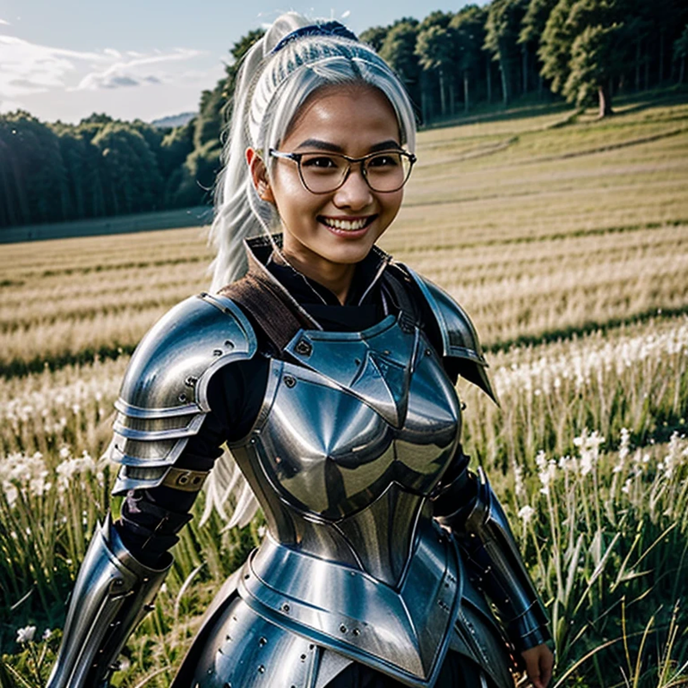 Ayaka, the Solemn Knight with a Ponytail, wearing Glasses and White Hair, is standing in the middle of a Field Background, adding a touch of Knight Armor(0.7) to her charm. She has a Medium Breast and an inviting Smile with her Hair Accessories