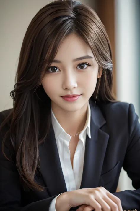 On the table, best qualtiy, realisticlying, ultra - detailed, Up to detail, hight resolution, 4k wallpaper, 1 beautiful woman,, light brown messy hair, Dressed in a suit, tack sharp focus, Perfect dynamic composition, beautiful and delicate eyes, Delicate ...