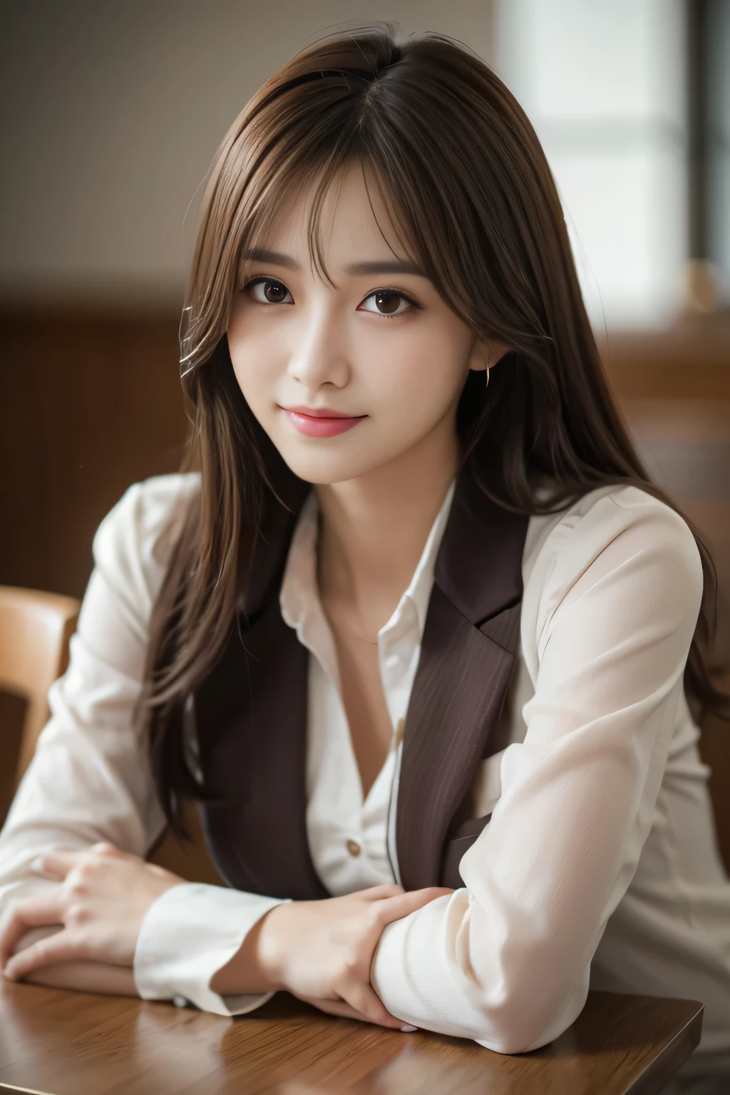 On the table, best qualtiy, realisticlying, ultra - detailed, Up to detail, hight resolution, 4k wallpaper, 1 beautiful woman,, light brown messy hair, Dressed in a suit, tack sharp focus, Perfect dynamic composition, beautiful and delicate eyes, Delicate hair, 细致realisticlying的皮肤纹理, Smiling, closeup portrait, Model body type