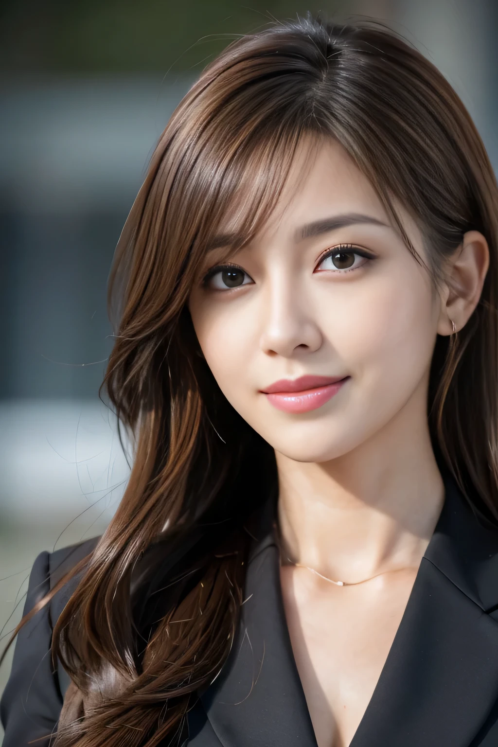 masutepiece, Best Quality, Photorealistic, Ultra-detailed, finely detail, High resolution, 8K Wallpaper, 1 beautiful woman,, light brown messy hair, in a business suit, foco nítido, Perfect dynamic composition, Beautiful detailed eyes, detailed hairs, Detailed realistic skin texture, Smiling, Close-up portrait, Model body type