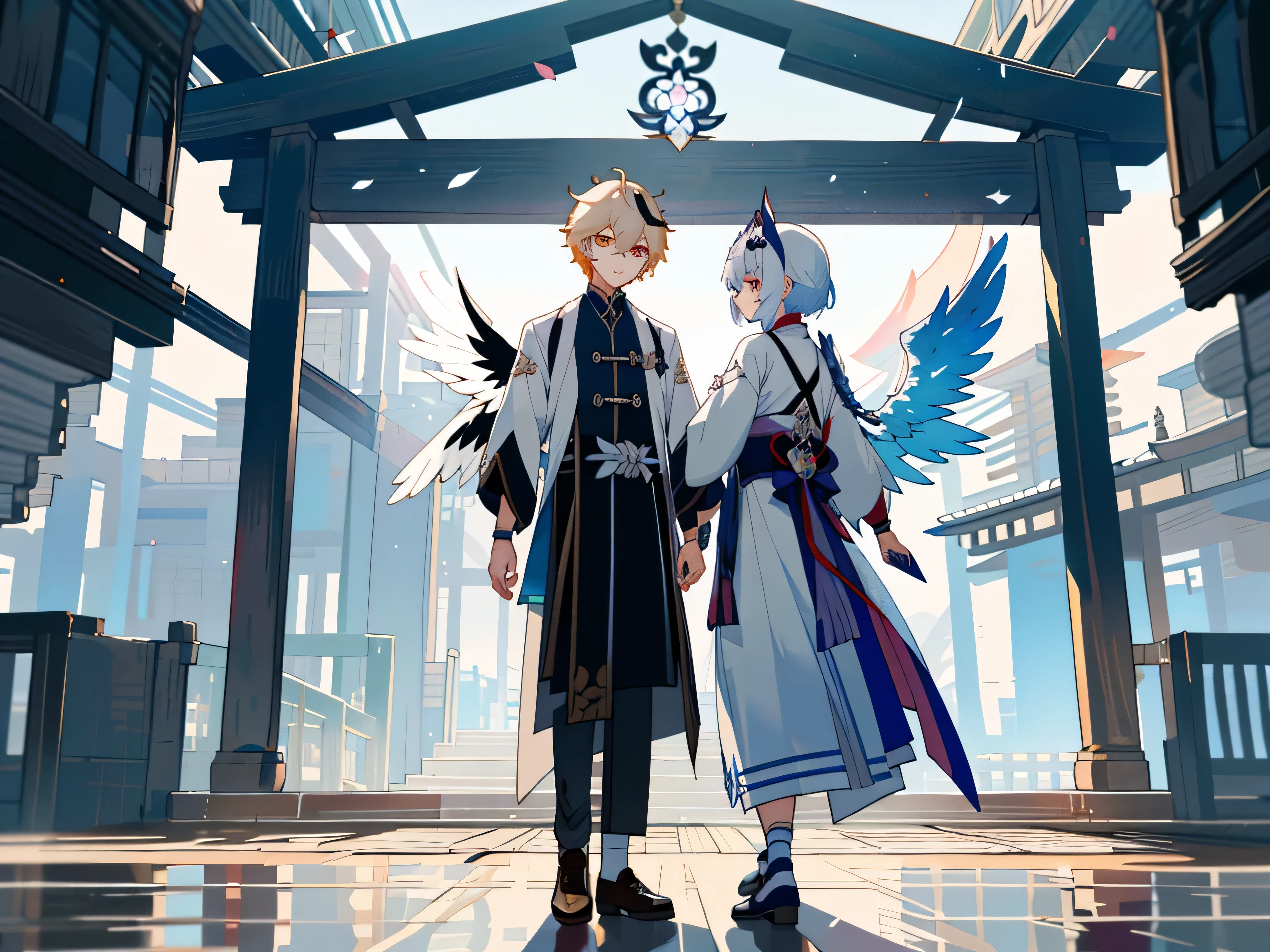 Two anime characters standing in a building with a large arch - SeaArt AI