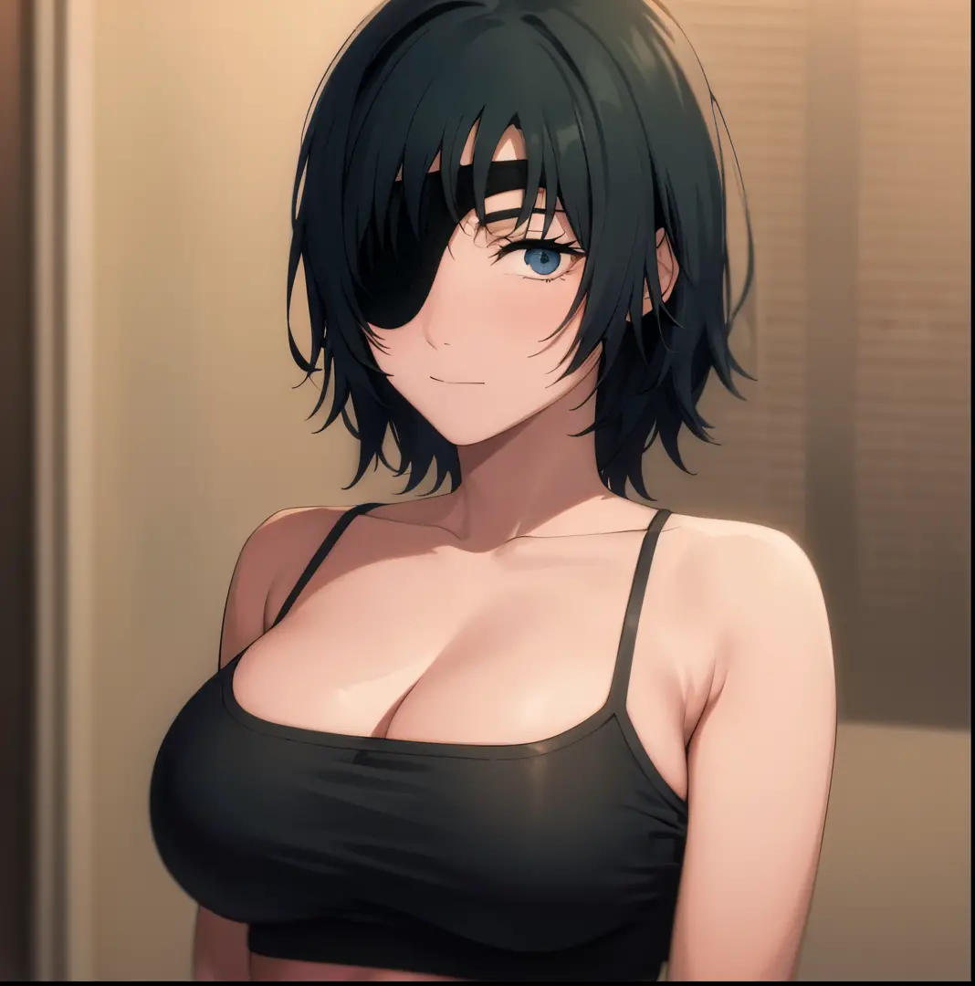 masterpiece, best quality,1girl, alone,eyepatch, himeno (chainsaw man), solo, cigarette, tank top, breasts, smoking, black hair, short hair, simple background, medium breasts, cleavage, white tank top, collarbone, upper body, shirt, green background, white...