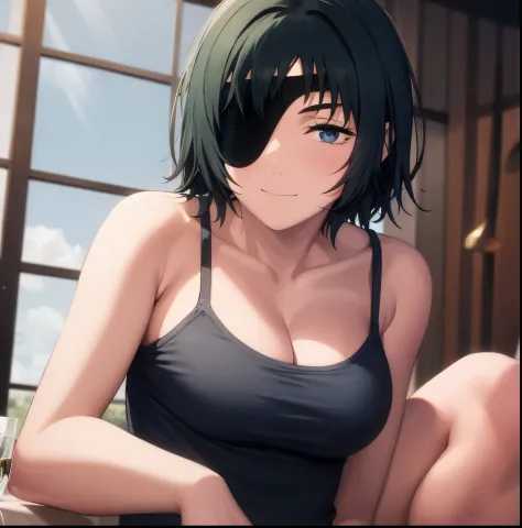 masterpiece, best quality,1girl, alone,eyepatch, himeno (chainsaw man), solo, cigarette, tank top, breasts, smoking, black hair, short hair, simple background, medium breasts, cleavage, white tank top, collarbone, upper body, shirt, green background, white...