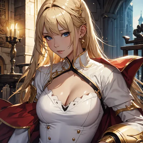 Masterpiece, best quality, White headphone, blonde, Korean woman, tall, slender, Female Knight, red armor, beautiful face, beautiful hand, anime pastel, cleavage, Castle, wide-angle