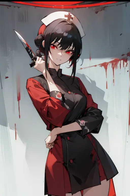 Yorubri Arata, Jorub Rayarrata, Bangs, side locks, shairband, (Red Eyes:1.5), Black hair,nurse's outfit，closing eye, Smiling,The...