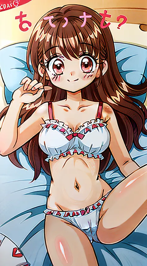 (Cute One Girl:1.2)、(独奏:1.2)、 A dark-haired、The long-haired、Colossal tits、 hair、 PINK Underwear、(Bra is fully exposed)、(Fully exposed panties)、red blush、Shy smile、Indoor、in a house、Lying in bed、Look at viewers、(masutepiece、 Best Quality:1.2)、hight resoluti...