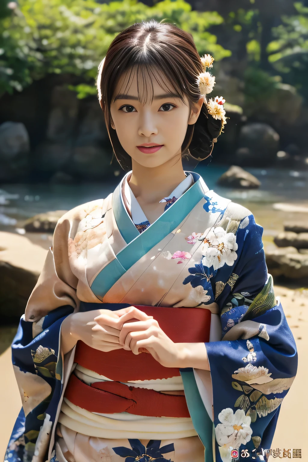 High resolution, Raw photo, Photorealistic, Extremely delicate and beautiful, Extremely detailed, finely detail, Extremely detailed CG unity 8K wallpaper, Ultra-detailed, (Best Quality, 8K, 32K, masutepiece, nffsw:1.2), 19 year old beautiful Japanese model wearing Japanese clothes at a shrine, No cleavage, (updo hair, half collar collar, Obi, sash, Obi-Jime cord, Floral kimono :1.8), Kanzashi, Hair Ornament, beautiful and detailed face, Beautiful clear long eyes, Delicate figure, Short hair, (skinny, slim, Slender and delicate body), Upper teeth, kindly smile, Young Sensual Gravure Idol, Young thin gravure idol, Young Pretty Gravure Idol, Young Gravure Idol, realistic Young Gravure Idol, sophisticated gravure idol,