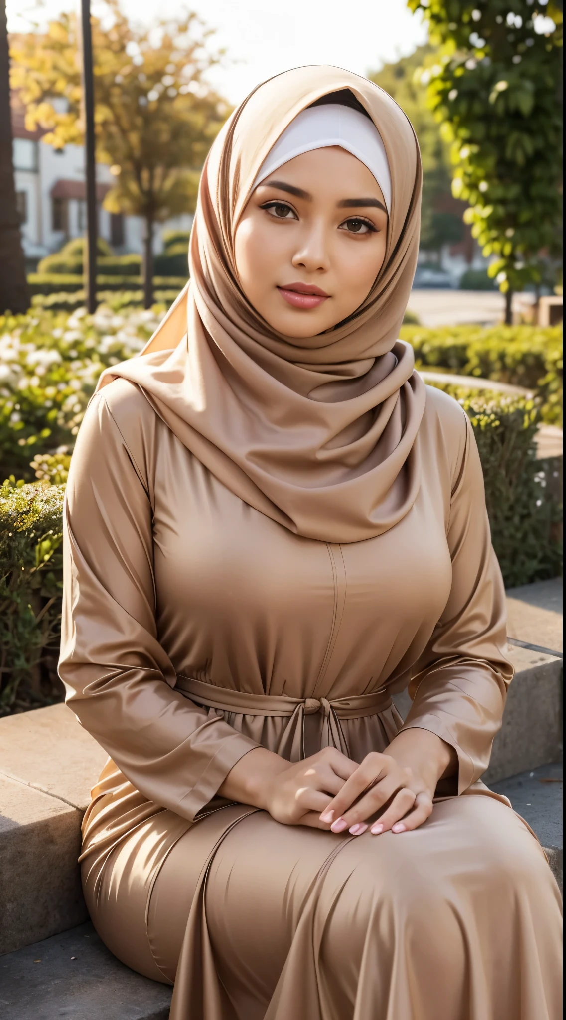 ( Close Up),RAW, Best quality, high resolution, masterpiece: 1.3), beautiful Malay woman in hijab,Masterpiece, perfect fit body, big breast,big gorgeous eyes, Soft smile,beutiful face,thick thighs, sitting, close up of a woman wearing a brown dress and a white head scarf, modest flowing gown,  dress, brown robes, sophisticated dress, long dress female, brown color, beautiful soft silky dress, hijab, elegant dress, brown colors, brown clothes, brownish colors, soft silk dress, stylish dress, full covered dress, beautiful silky dress, brown colours , (Delicate turtleneck) , shairband, afternoon walk, City garden, Excellent lighting, Bright colors, Clean lines,