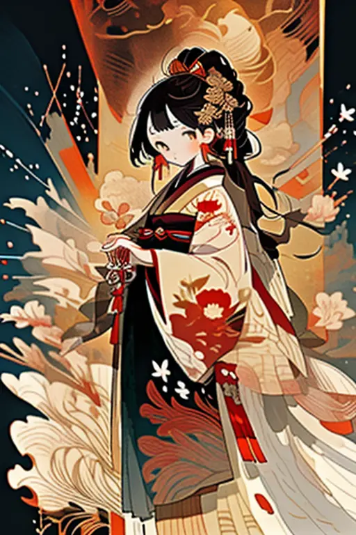 woman in kimono, a beautiful artwork illustration, japanese art style, palatial palace ， a girl in hanfu, artwork in the style o...