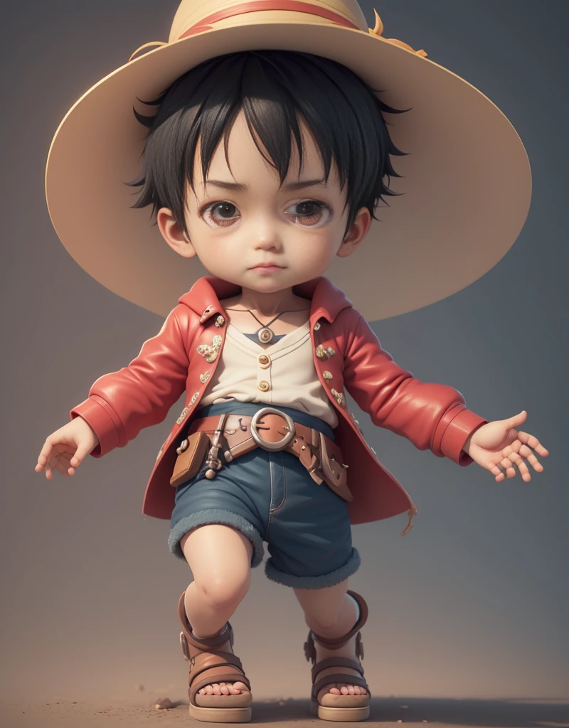 3D rendering of adolable，Detailed digital art by adolable，Male Explorer Mini adolable boy，adolable numbers，Stylized 3D rendering，adolable numbers艺术，Adolable&#39;s rendering of a 3d anime boy，Little pirate Luffy looked up，adolable！C4D，Portrait anime Pirate Boy，He wears an open, long-sleeved red cardigan，There are four buttons，A belt is tied around the waist，Blue shorts with cuffs，sandals。