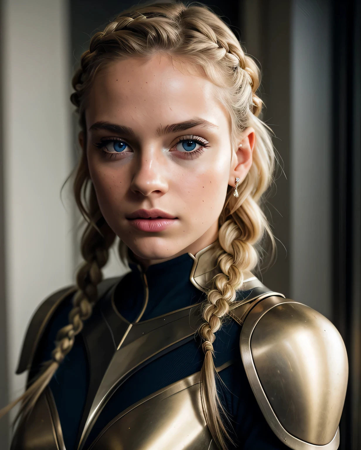 1girl, skin pores texture, Hair blonde quad braids, piercing eyes, HD , Photography, movie, cinematic, full Body armor red , blue and gold, hero, Realistic, (8k, RAW photo, best quality, masterpiece:1.2), (realistic, photo-realistic:1.33), best quality, cute,natural lighting, depth of field, film grain, wrinkled skin, sharp, detailed