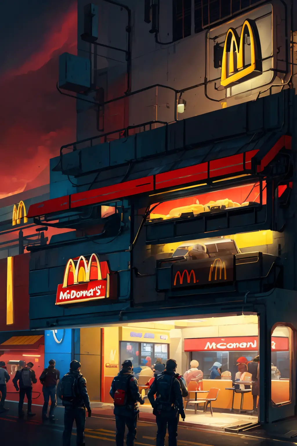 night, mcdonald's fast-food restaurant, illuminated, huge letter m sign, soft mist, hyper-realistic details, sci-fi style, retro...