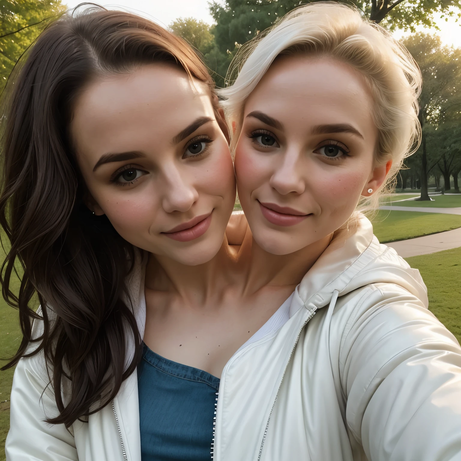 selfie of gorgeous white woman in a park,different expressions different hair styles, topless,jacket,conjoined_dicephalus,(two heads:1.5),