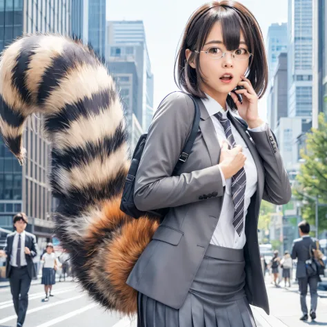 A woman wearing a pleated skirt suit with a raccoon tail, anthropomorphic raccoon, けもの, realistic, a picture, top-quality, Surpr...