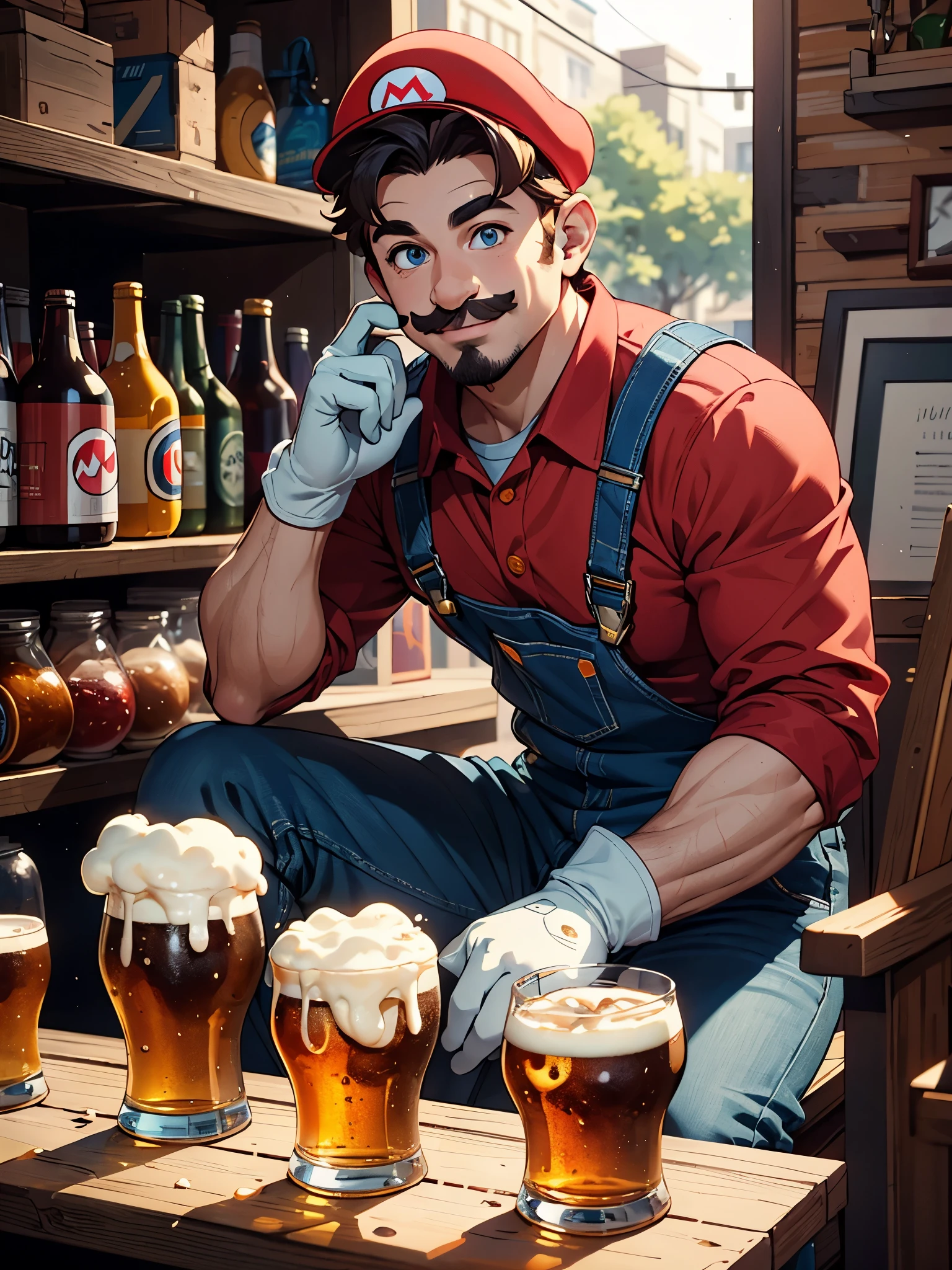 ((masterpiece)), ((best quality)), (ultra-detailed), (8k), supermario, blue overalls, red shirt, red cap, smiling, mature man, (white gloves:1.1), disco in the background, blue eyes, brown moustache, happy, (smile), (fat body),half body, sitting outside, jar of beer on the table, dynamic pose, Cinematic lighting,