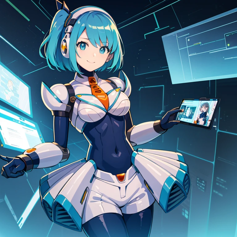 master piece, best quality, high-res, perfect_body, rico_megamanxdive, 1girl, solo, blue eyes, short hair, blue hair, android, bodysuit, cyberspace, masterpiece, high quality, smile, Cyber-shot, Cyber-effect,