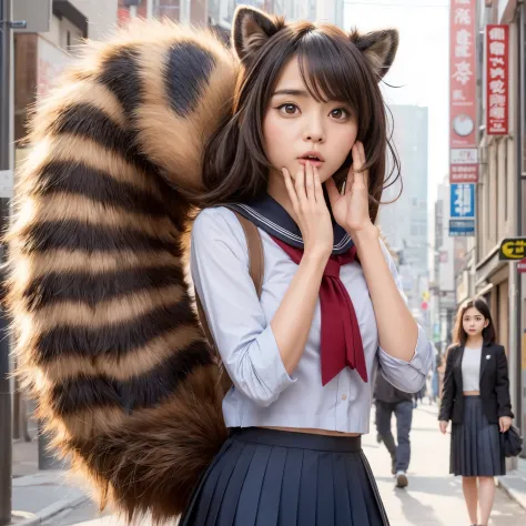 A woman wearing a pleated skirt with a raccoon tail, anthropomorphic raccoon, けもの, realistic, a picture, top-quality, Surprised ...