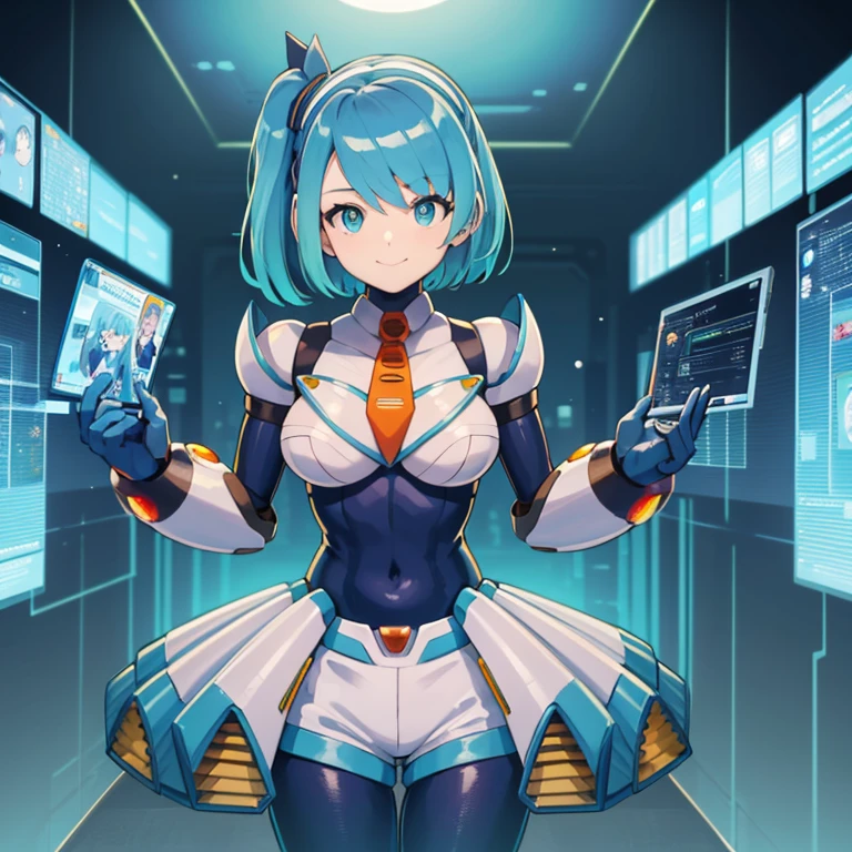 master piece, best quality, high-res, perfect_body, rico_megamanxdive, 1girl, solo, 16yo, blue eyes, short hair, blue hair, large_breasts, android, bodysuit, cyberspace, masterpiece, high quality, smile, Cyber-shot, Cyber-effect,