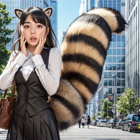 A woman wearing a pleated skirt with a raccoon tail, anthropomorphic raccoon, けもの, realistic, a picture, top-quality, Surprised ...