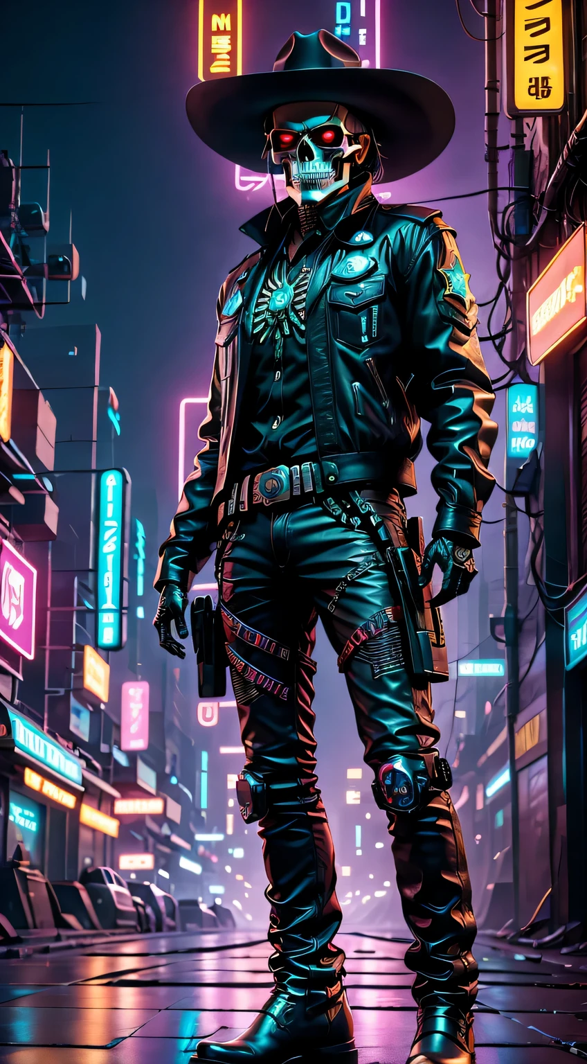 personnage cyber punk,Shérif de cowboy robot squelette,Fond sombre mystérieux,néon,amélioré cybernétiquement,Armes du futur,porter un chapeau de cowboy+néon边缘,bras bionique,menton en métal,yeux rouges lumineux,ville dystopique,Mise au point nette,Texture d&#39;acier,couleur vive,style artistique conceptuel.(La meilleure qualité au mieux,4K,8k,Une haute résolution,chef-d&#39;œuvre:1.2),ultra - détaillé,(réel,photoréel,photo-réel:1.37),