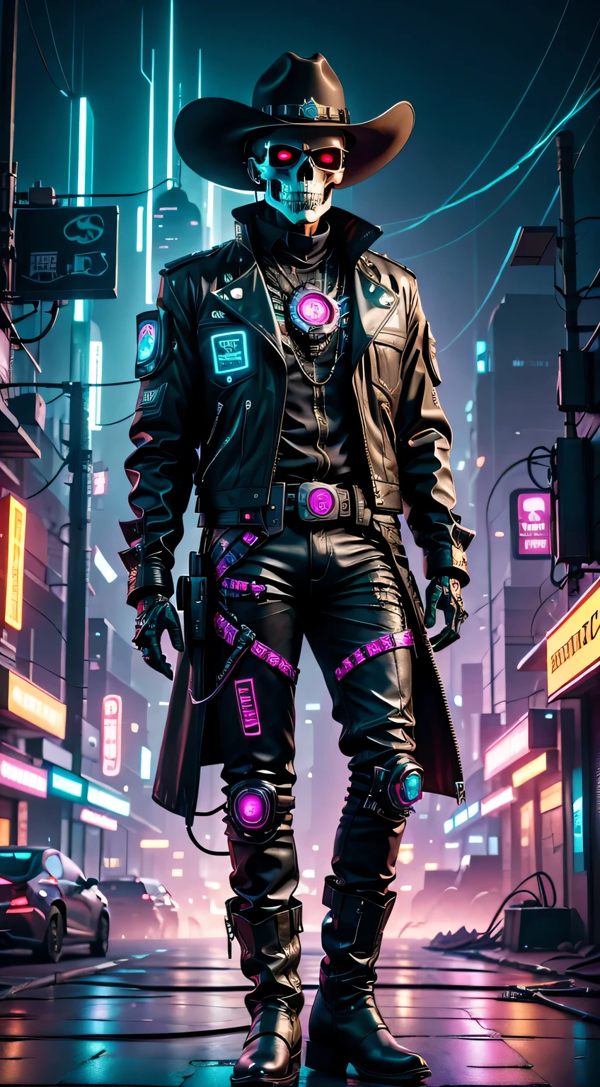 cyber punk style：Skeleton Robot Sheriff，metalictexture，wearing a cowboy hat+cockade+neon light edge，Wearing a leather jacket and cowboy boots，retro futuristic style，glowing light eyes，High-tech weapons hanging from his belt，wires and cables，nighttime scene，Vibrant colors，electric sparks，Dystopian cityscape，Network enhancement，Mixed reality。(Best quality,4K,8K,A high resolution,tmasterpiece:1.2),ultra - detailed,(actual,photoactual,photo-actual:1.37),