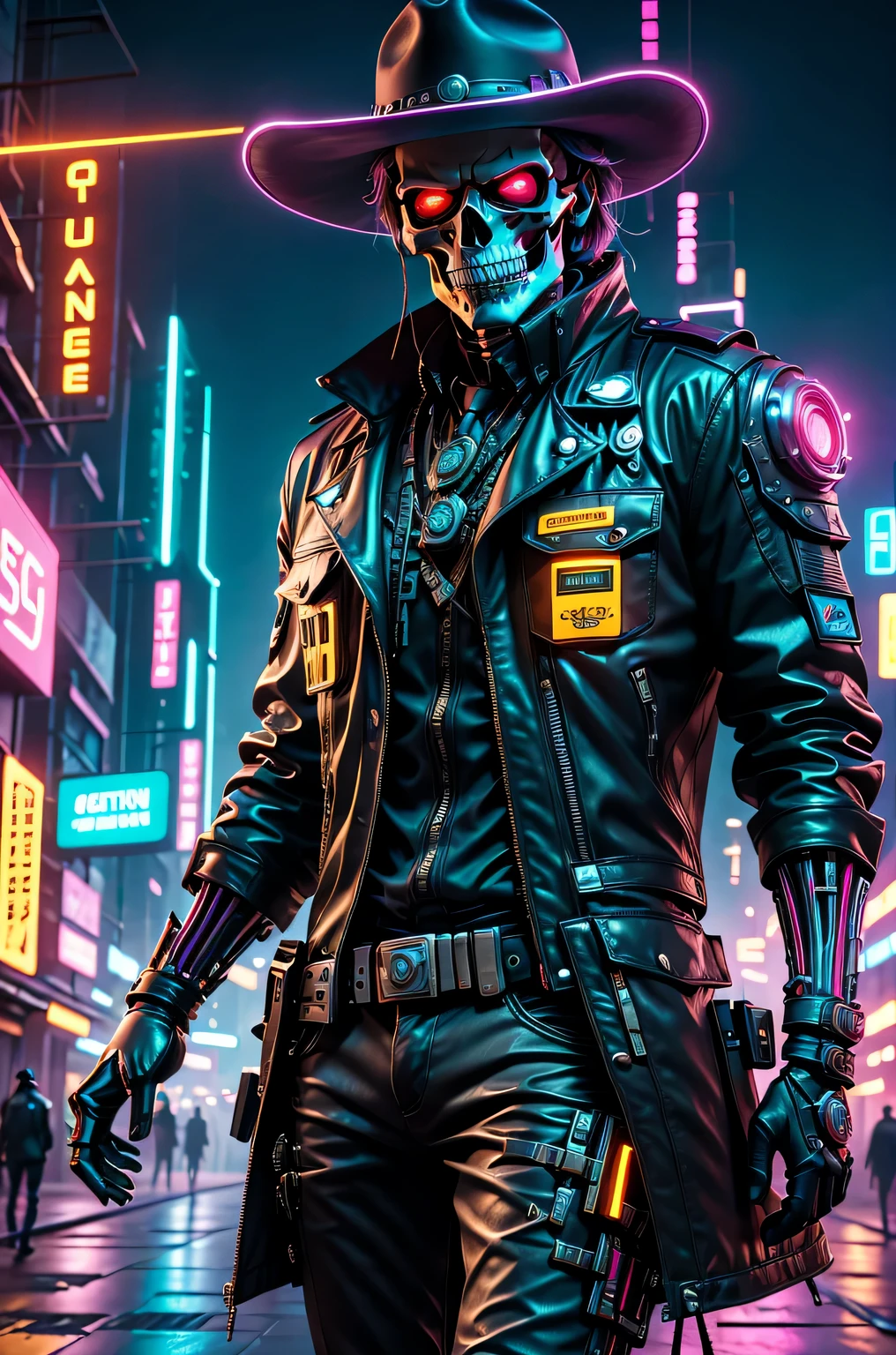 cyber punk style：Skeleton Robot Sheriff，metalictexture，wearing a cowboy hat+cockade+neon light edge，Wearing a leather jacket and cowboy boots，retro futuristic style，glowing light eyes，High-tech weapons hanging from his belt，wires and cables，nighttime scene，Vibrant colors，electric sparks，Dystopian cityscape，Network enhancement，Mixed reality。(Best quality,4K,8K,A high resolution,tmasterpiece:1.2),ultra - detailed,(actual,photoactual,photo-actual:1.37),