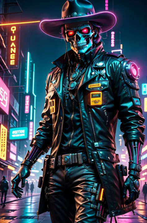 cyber punk perssonage,Skeleton Robot Cowboy Sheriff,Mysterious dark background,neonlight,cybernetically enhanced,Weapons of the ...