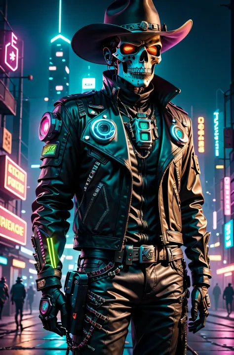 cyber punk style：Skeleton Robot Sheriff，metalictexture，wearing a cowboy hat+cockade+neon light edge，Wearing a leather jacket and...