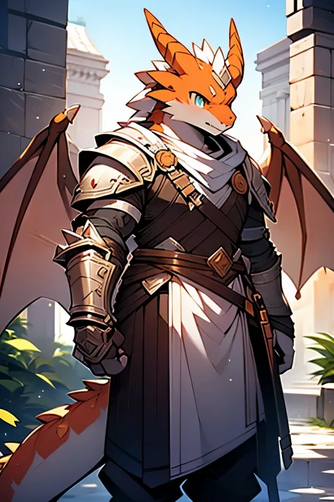 male people，Strong，Strong body type，Wearing armor，Orange peel dragon，The tail is not thick，Golden eyes，There are two brown horns on the head，There is a pair of orange wings on the back，Kind and gentle，holy paladin，Hold the holy sword in your hand，standing ...