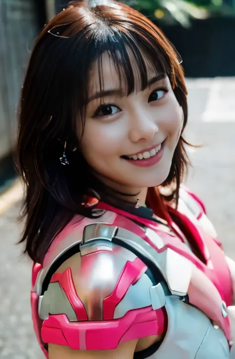 pink power range lemele、Realistic, shiny pink and white suit、Power Rangers Bodysuit、professional photo japanese model,fleshy body, A smile、Colossal tits、A dark-haired、Sweaty face、swimming pools、Emphasis on nipples、Sleeveless、Show both sides、Turned、arching ...