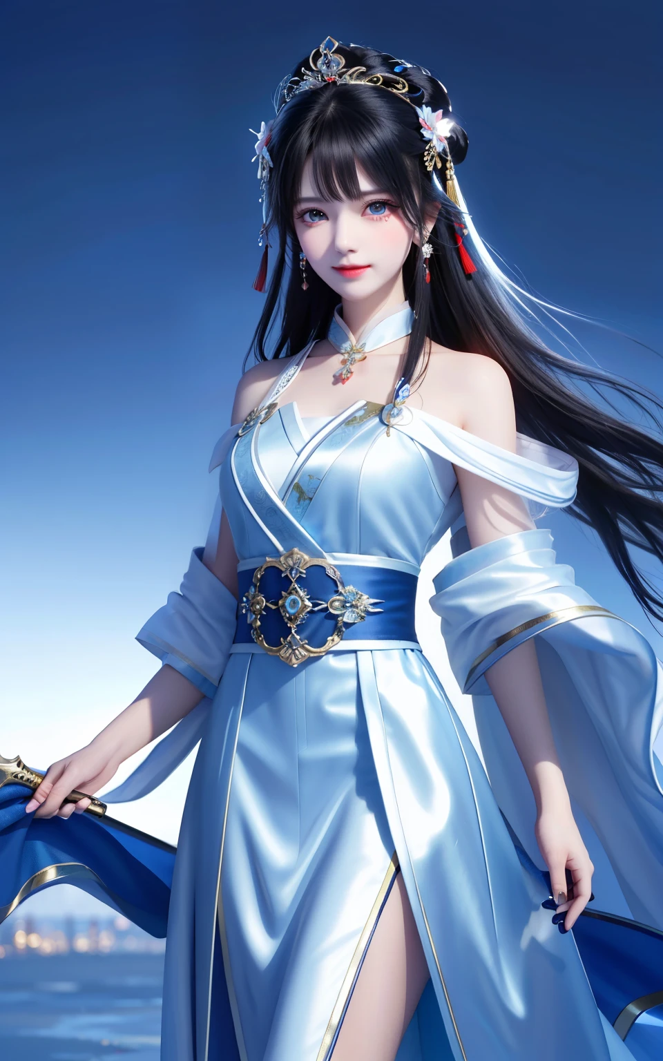 Best quality, tmasterpiece, A high resolution, 1 girl,The face is red,(energetic smile:0.8),star blue pupils,china hanfu,hair adornments,choker necklace, jewely,Nice face,more than_body, a beautiful woman with long, shiny black hair, Decorated with headdress. her clear, because she was wearing a white silk one-piece dress and suit，She stood tall，Staring ahead with shining eyes. on her left hand, She holds a long sword, Relying on her Tyndall effect,realistically, dark studio, edge lit, two color lights,(highdetailskin:1.2), 8k ultra high definition, SLR camera, gentlesoftlighting, high high quality, Volumetriclighting, Frankness, photore, A high resolution, 4K, 8K