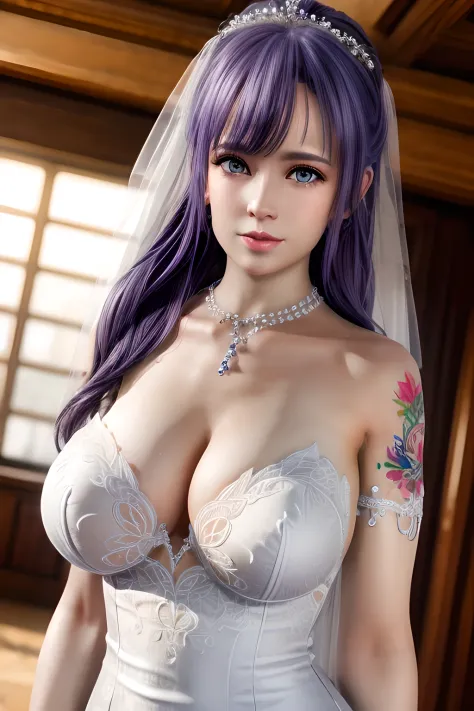 bird's eyes view,1 girl,fiona,(in wedding dresses_Crystal dress),(Tattooed with),(gigantic cleavage breasts),鎖骨, Chopping,detailed hair,(Tattooed with),(tmasterpiece:1.5),( Best quality at best:1.4), ultra - detailed,(((Realistic))),8K,{ (realisticlying:1....