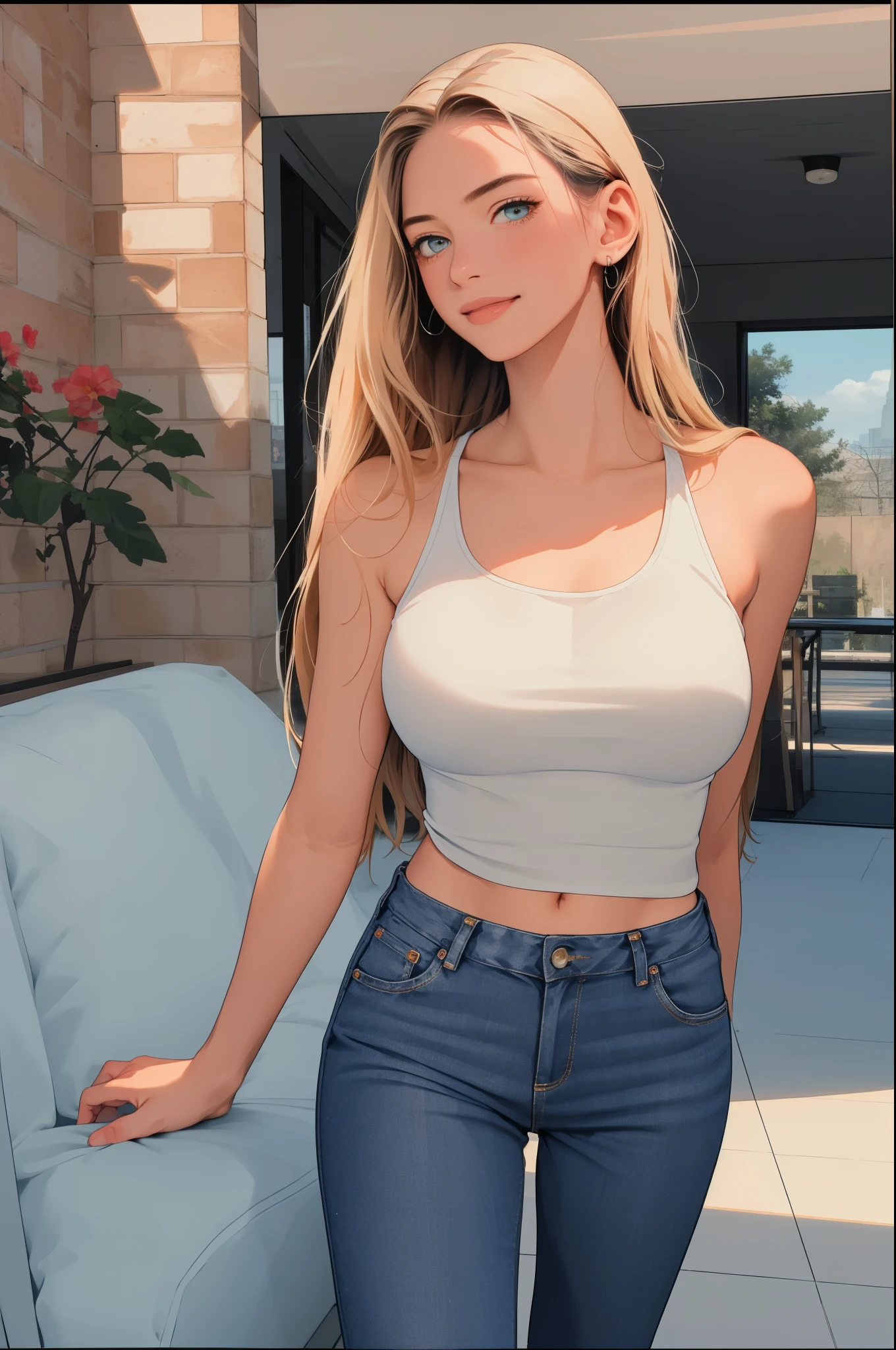 best quality, masterpiece, photo realistic, 8k, 4k, extreme res, ultra high res, dynamic lighting, real lighting, sophiadiamond, looking_at_viewer, smile, tank top, jeans,