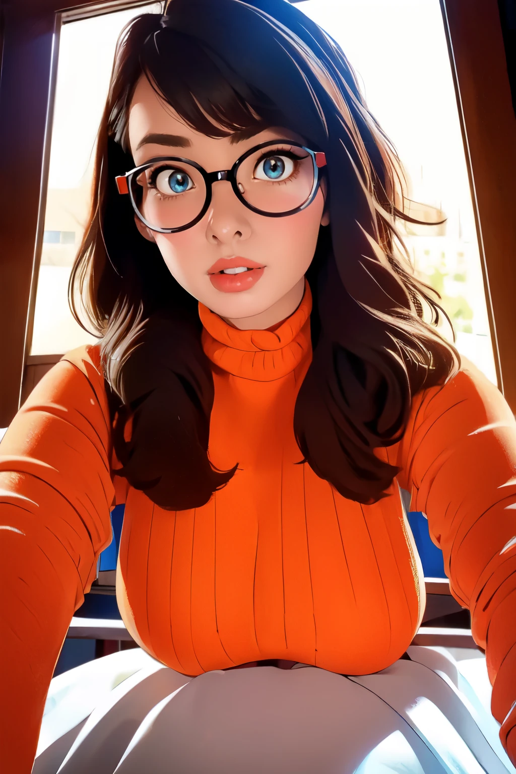 HD, 8k quality, masterpiece, Velma, dream girl huge , beautiful face, kissing lips, short bob hairstyle, long bangs, perfect makeup, realistic face, detailed eyes, blue eyes, brunette hair, eyelashes, smile grin, bedroom, sitting on bed, showing cameltoe, eyes at viewer, orange knitted turtle neck sweater, clear lens glasses, red school girl skirt, view from below,