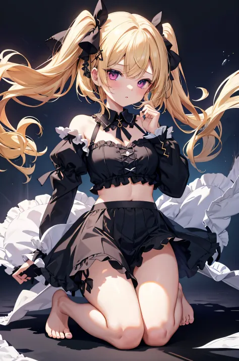 Correct anatomy.、unprotected appearance、Idol face、(completely defenseless、)1girl in, Solo,Squint at the pleasure、
 Large breasts, Clothes with less fabric areoluminous white frillrilled Shirt collar, Long sleeves, Black panties, blonde  hair、Twin-tailed、bl...