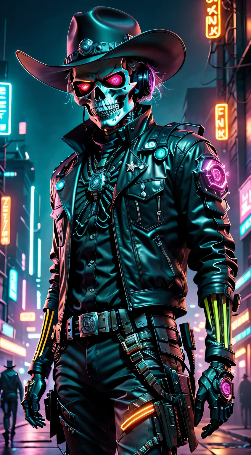 personagem cyberpunk,Esqueleto Robô Cowboy Xerife,Fundo escuro misterioso,luz neon,ciberneticamente melhorado,Armas do futuro,usando um chapéu de cowboy+luz neon边缘,braço biônico,queixo metálico,olhos vermelhos luminosos,cidade distópica,foco nítido,Textura de aço,vibrante com cores,estilo de arte conceitual.(melhor qualidade,4K,8K,Uma alta resolução,obra-prima:1.2),ultra-detalhado,(real,photoreal,photo-real:1.37),