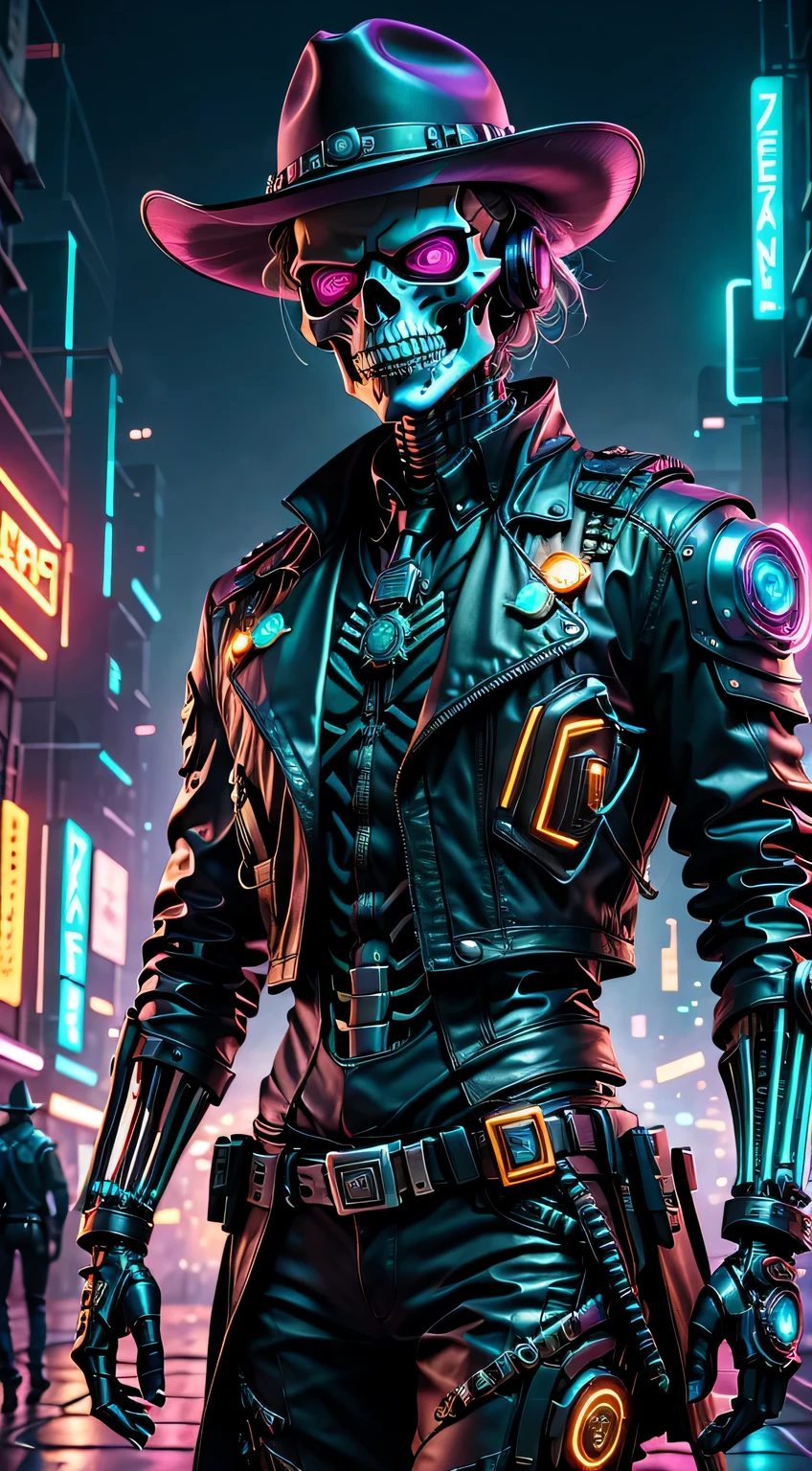 personagem cyberpunk,Esqueleto Robô Cowboy Xerife,Fundo escuro misterioso,luz neon,ciberneticamente melhorado,Armas do futuro,usando um chapéu de cowboy+luz neon边缘,braço biônico,queixo metálico,olhos vermelhos luminosos,cidade distópica,foco nítido,textura de aço,vibrante com cores,estilo de arte conceitual.(melhor qualidade,4K,8K,Uma alta resolução,obra-prima:1.2),ultra-detalhado,(real,photoreal,photo-real:1.37),