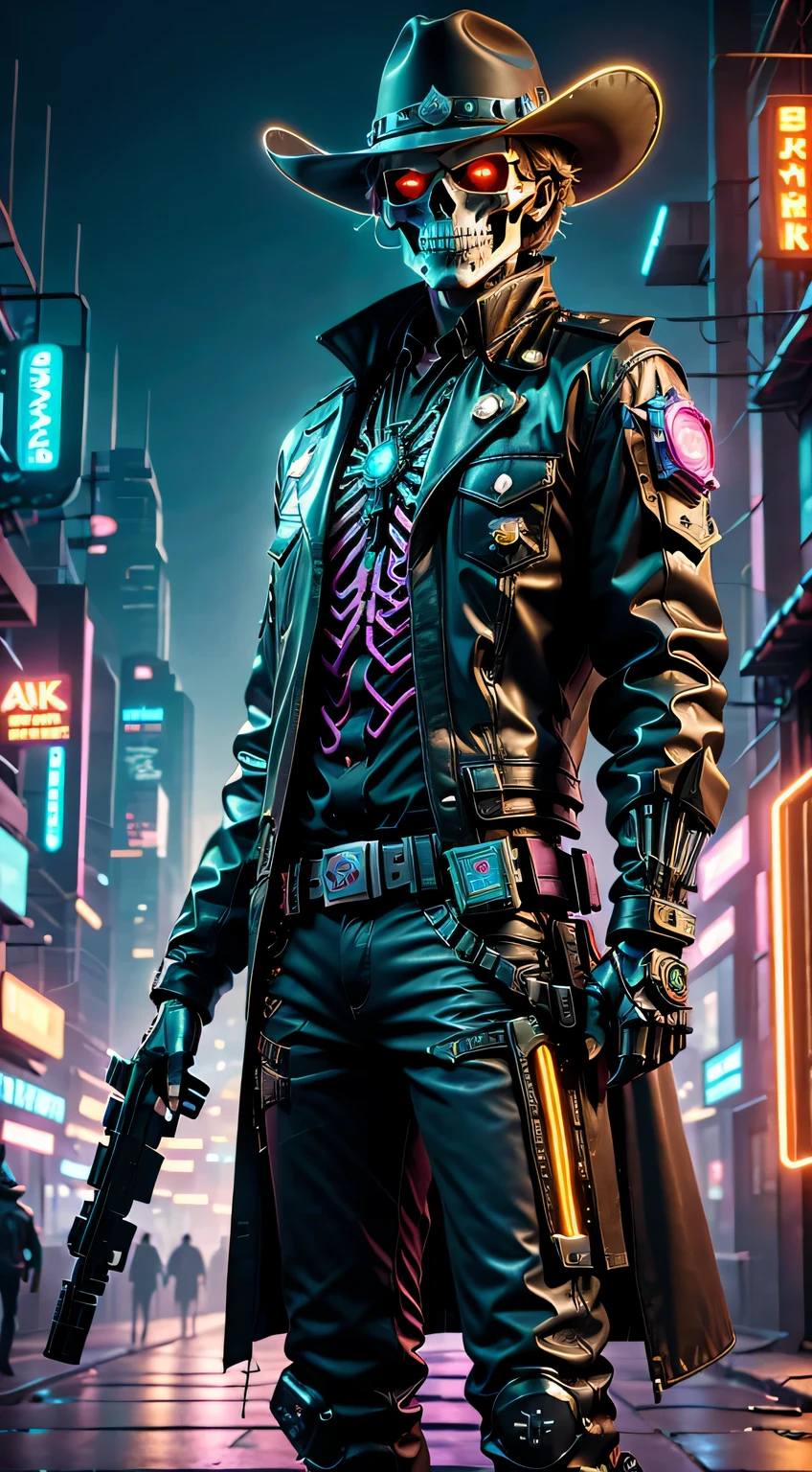 cyber punk personage,Skeleton Robot Cowboy Sheriff,Mysterious dark background,neonlight,cybernetically enhanced,Weapons of the future,wearing a cowboy hat+neonlight边缘,Bionic arm,metal chin,red luminous eyes,dystopian city,Focus sharp,Steel texture,vibrant with colors,concept art style.(Best quality,4K,8K,A high resolution,tmasterpiece:1.2),ultra - detailed,(actual,photoactual,photo-actual:1.37),