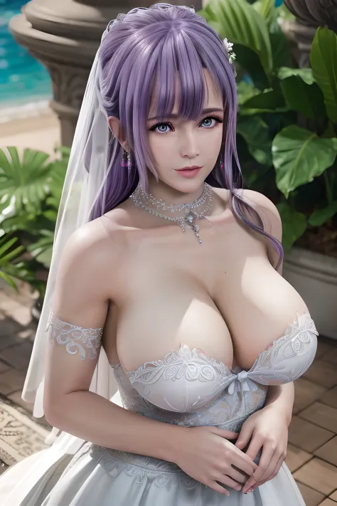 bird's eyes view,1 girl,fiona,(in wedding dresseringed dress),(Tattooed with),Glossy glossy skin,(gigantic cleavage breasts),鎖骨, Chopping,detailed hair,photography of, tmasterpiece, Best quality at best, 8K, HighDynamicRange, A high resolution, absurd res:...